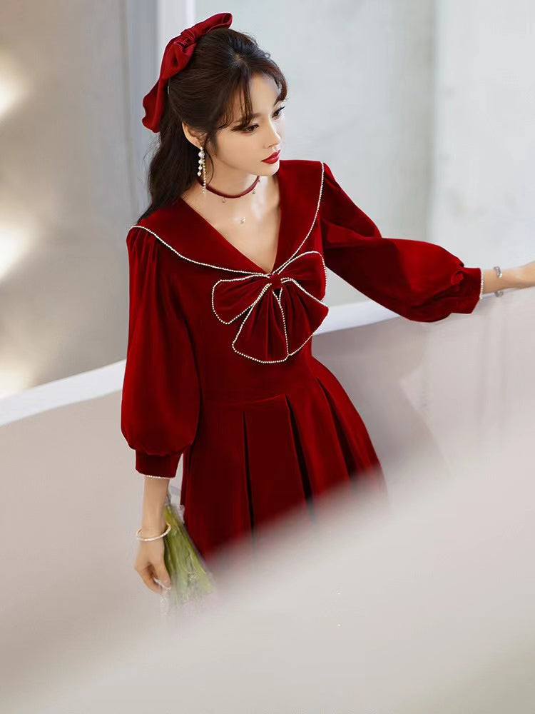 New style, autumn and winter long sleeve dress, party velvet evening dress, New Year prom dress,custom made