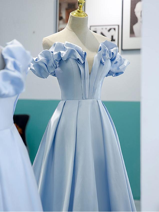 Blue A-line off shoulder long prom dress, formal dresses, blue evening dress