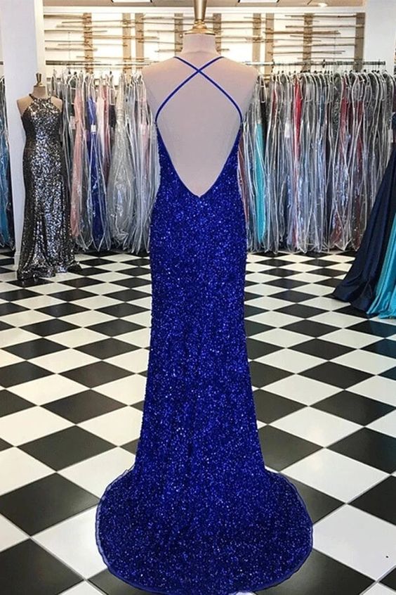 Chic Royal Blue Spaghetti Straps Backless Long Sheath Prom Dresses
