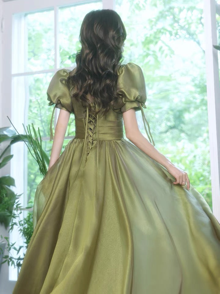 Socialite evening dress, escaped princess high sense party dress, bubble sleeve green prom dress