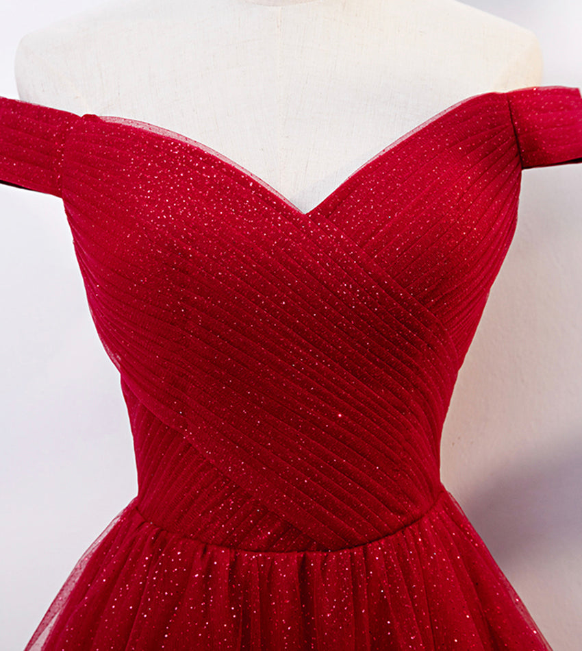 Burgundy tulle long prom dress evening dress