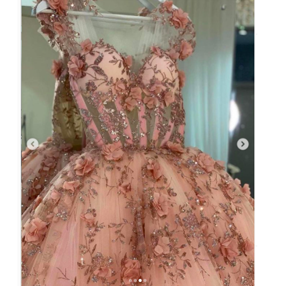 Pink evening dresses, custom make evening dresses, flowers formal dresses