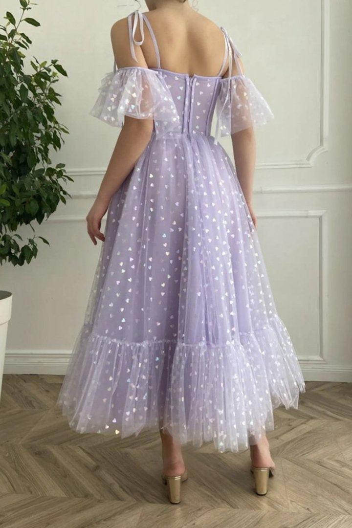 Purple tulle short A line prom dress evening dress