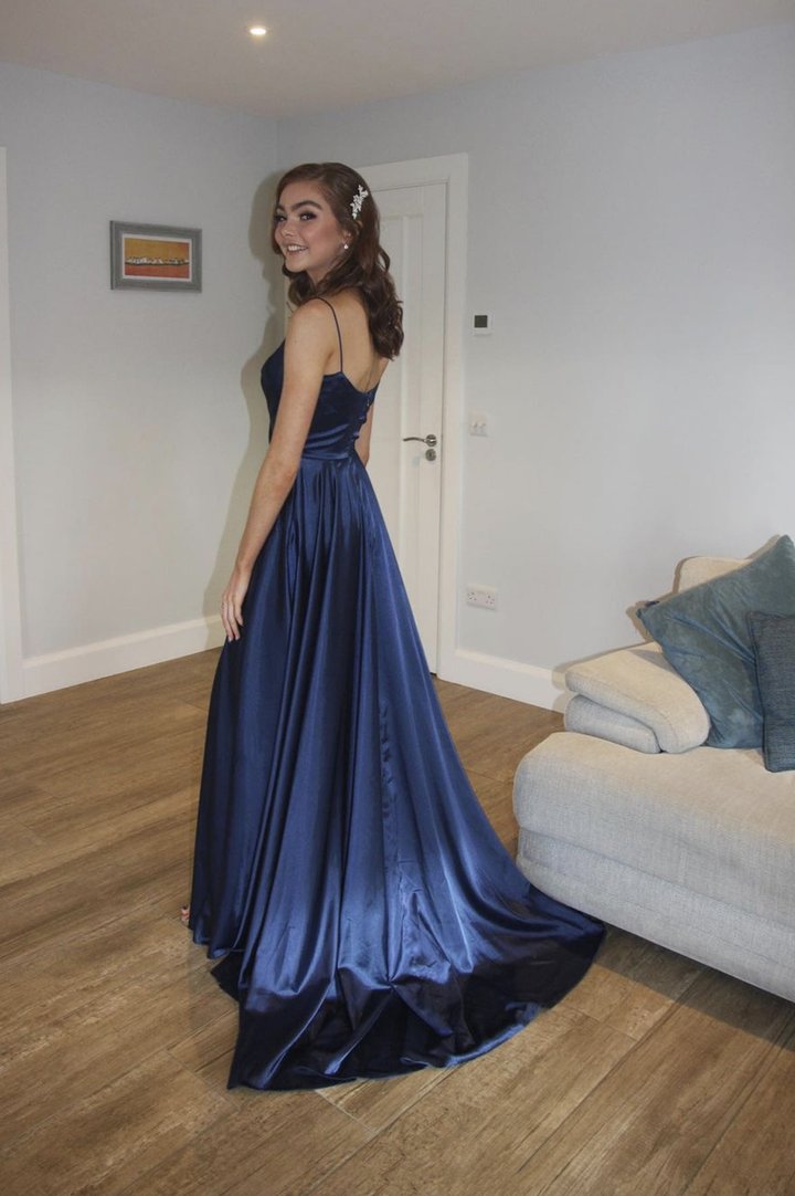 Blue v neck long A line prom dress blue evening dress