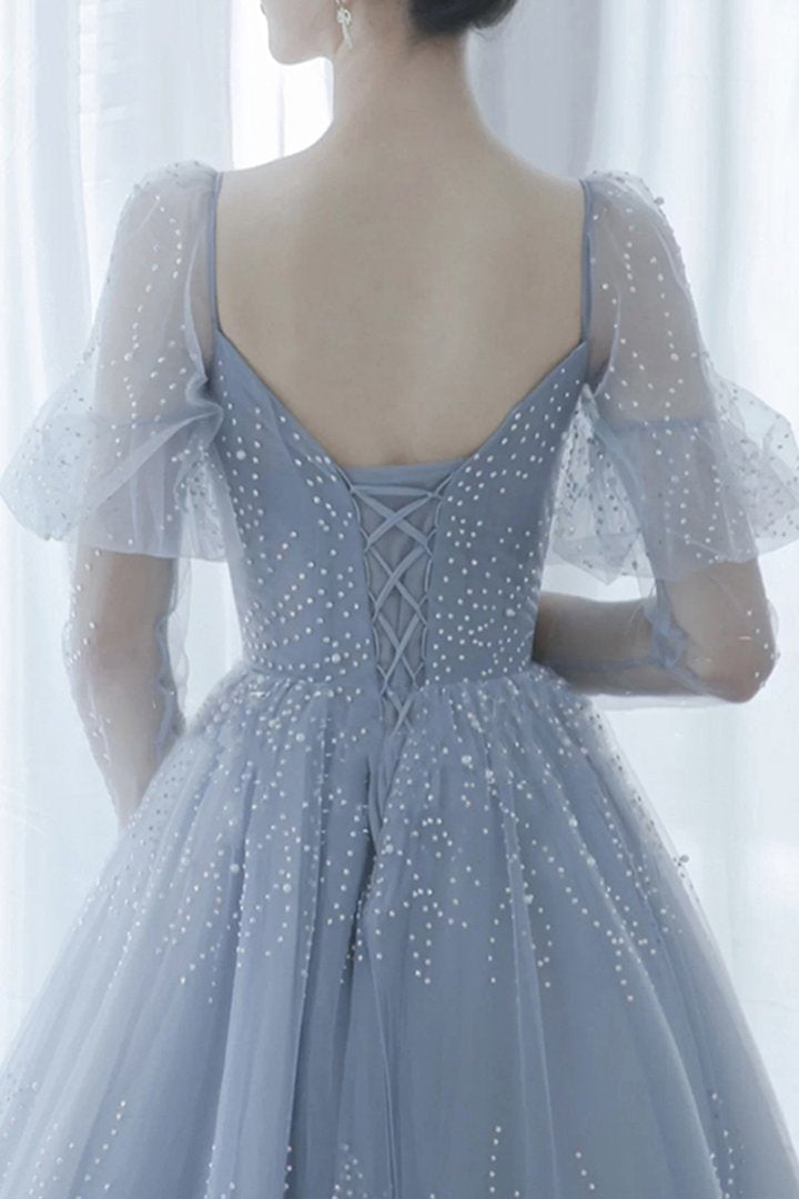 Blue tulle long ball gown dress A line formal dress