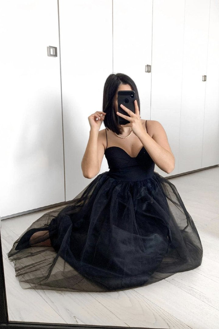 Black tulle short A line prom dress evening dress