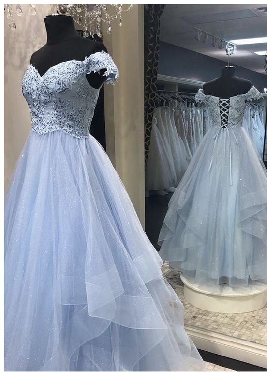 Blue tulle lace long prom dress, evening dress