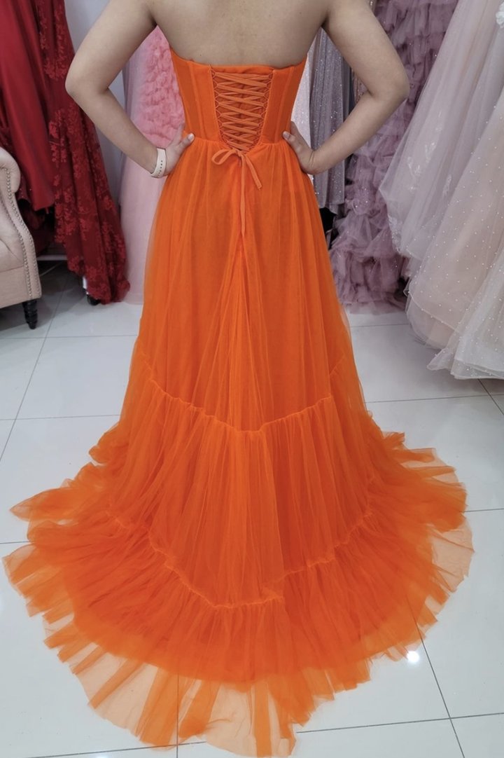 Orange tulle long A line prom dress evening dress