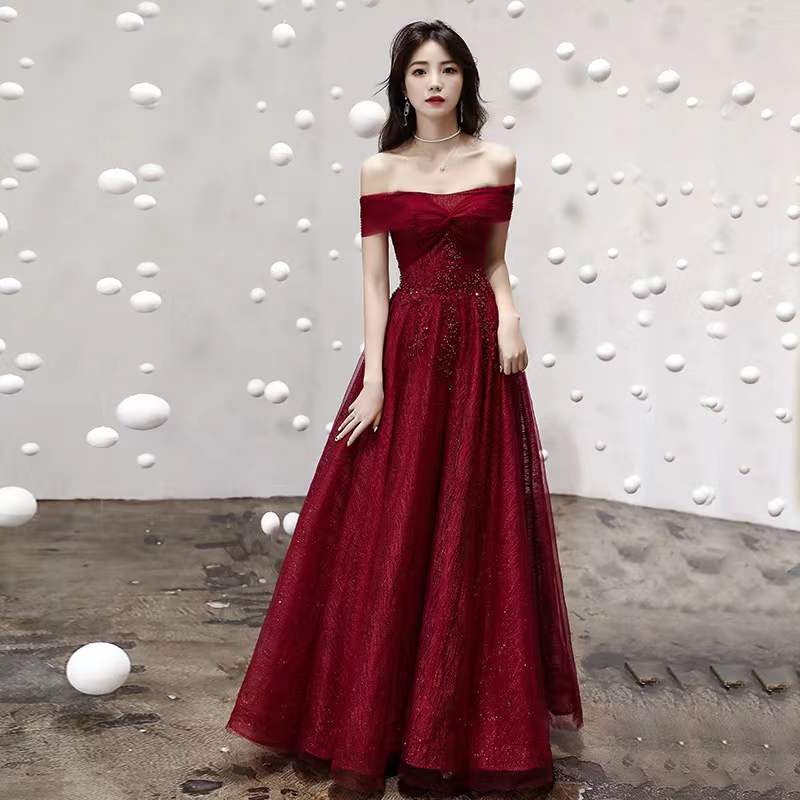 Burgundy tulle sequins long prom dress evening dress