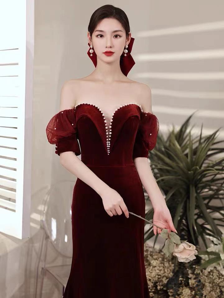 Burgundy party dress,off shoulder evening dress,velvet mermaid long prom dress,backless sexy formal dress,custom made