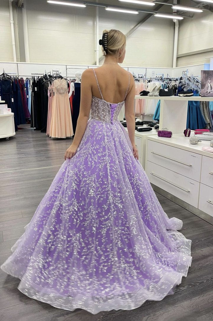 Purple tulle lace long prom dress evening dress