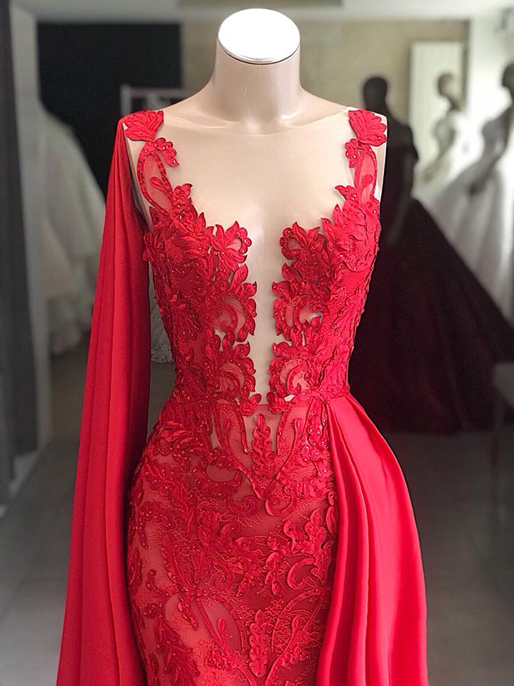Lace Long Evening Dresses Sleeveless Red Prom Dresses