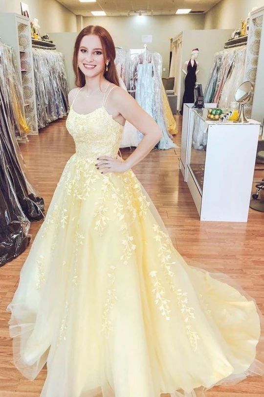 A Line Floor Length Lace Yellow Tulle Long Prom Dress, Yellow Lace Formal Dress, Yellow Evening Dress