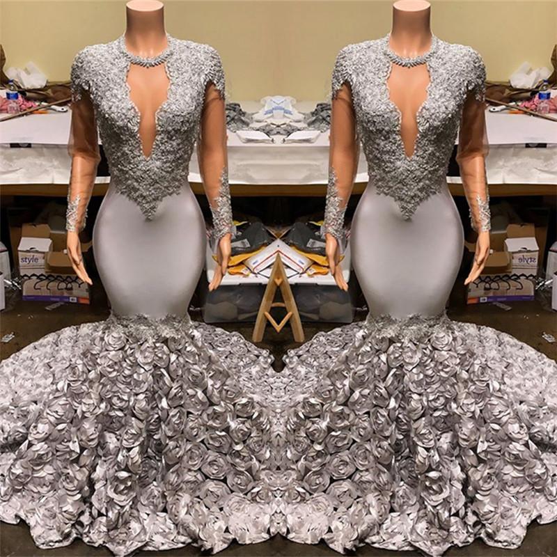Silver Party Dress Fit And Flare Floral Prom Dresses Lace Appliques Real Shooting Formal Dresses