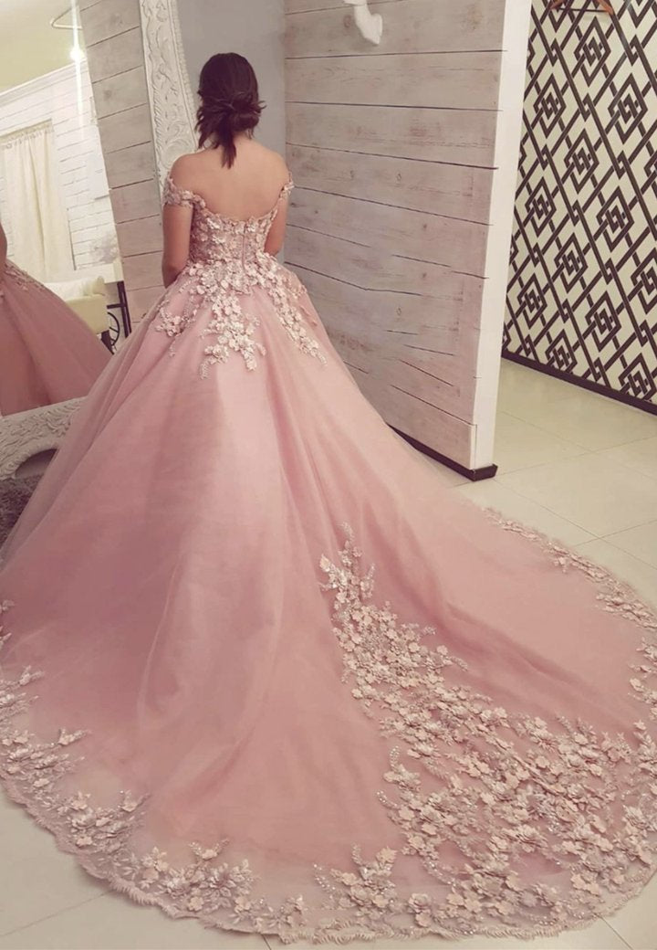 Pink tulle appliqué long ball gown dress formal dress