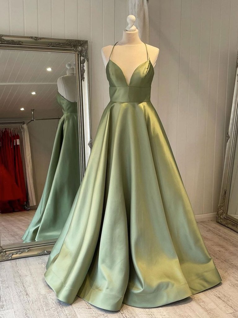 Simple Satin V-neck Prom Dresses A-line Long Evening Dresses Womens Dresses Formal Gown