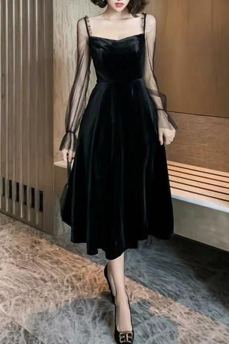 Black formal dress vintage velvet evening dress long sleeve party dress slimming prom dress simple party dress