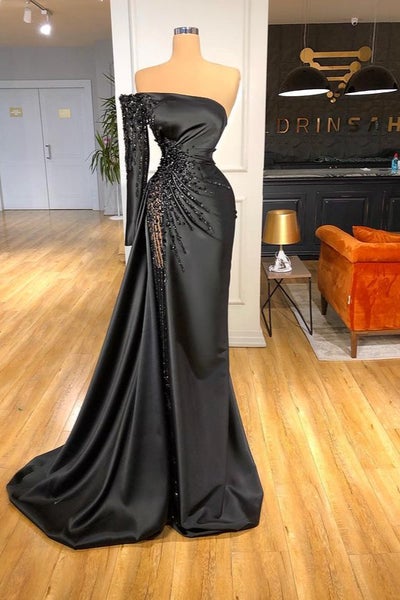 Glamorous Black Long Sleeve One Shoulder Prom Dress Beadings Evening Dress