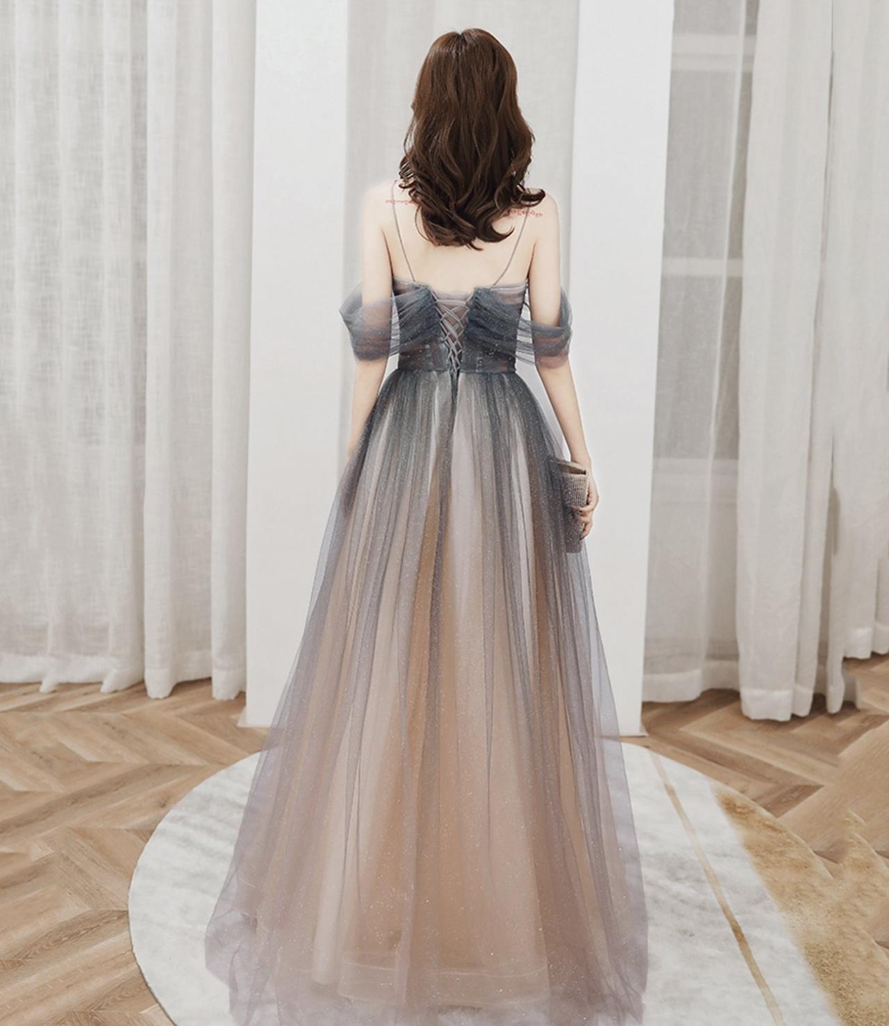 CUTE TULLE SEQUINS LONG PROM DRESS EVENING GOWN