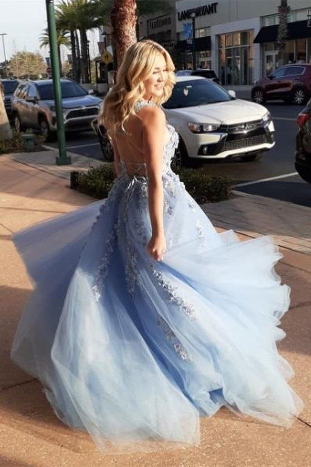Elegant Backless Light Blue Lace Floral Long Prom Dresses, 3D Flowers Light Blue Lace Formal Dresses, Light Blue Evening Dresses