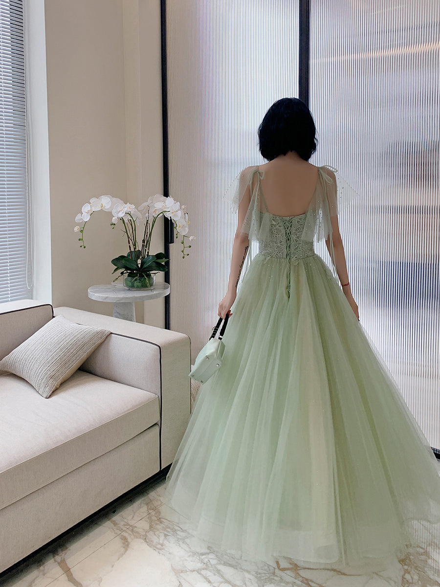 Light Green Tulle with Lace Cap Sleeves Long Evening Dress, Beautiful Green FormaL Dresses