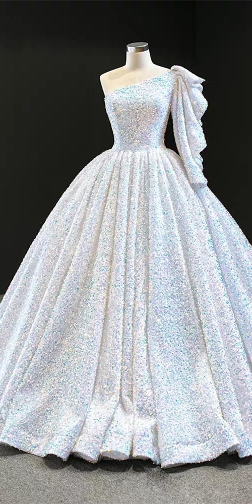 One Shoulder Ball Gown Sequin Prom Dresses, Quinceanera Dresses
