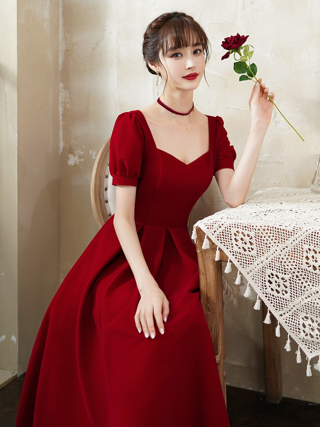 Burgundy party dress, short sleeve midi dress custom made prom dress
