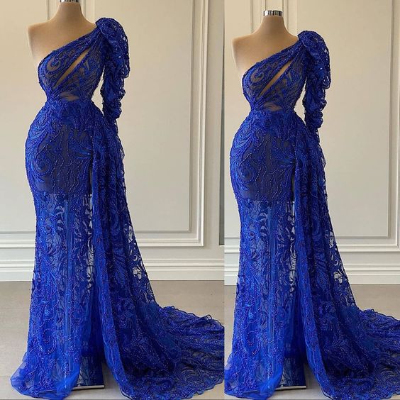 One shoulder evening dress, royal blue evening dresses, lace applique evening dress, modest evening dresses