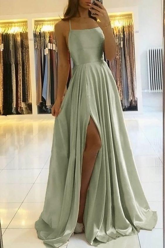 A-Line Spaghetti Straps Front Split Long Prom Dress