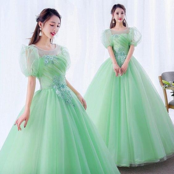 Short Sleeve Illusion Ball Gown, Quinceanera Dress - green