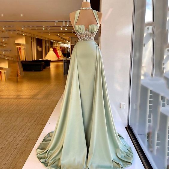 Arabic Green Mermaid Evening Dress Elegant Sleeveless Halter Neck Soft Satin Beading Prom Dresses Long Party Gown