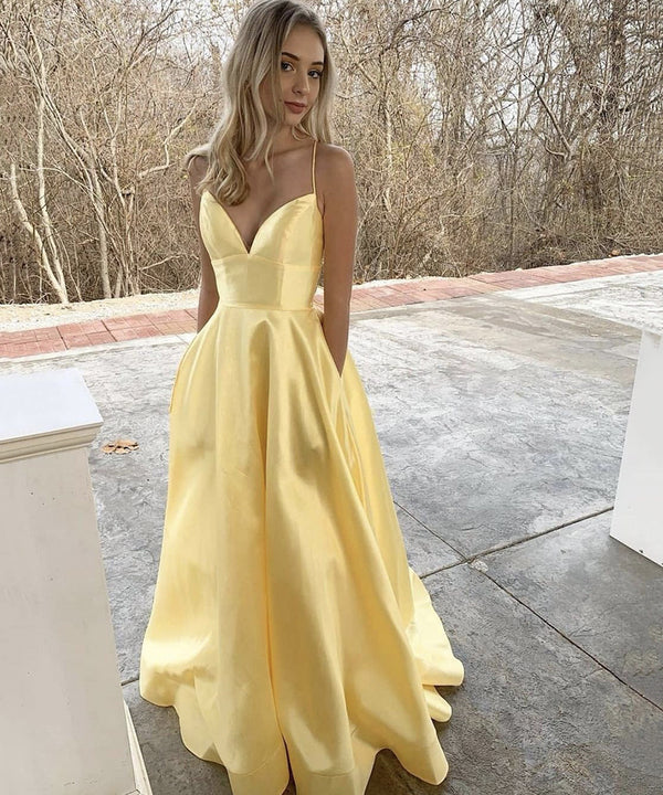 Yellow satin long prom dress yellow evening dress