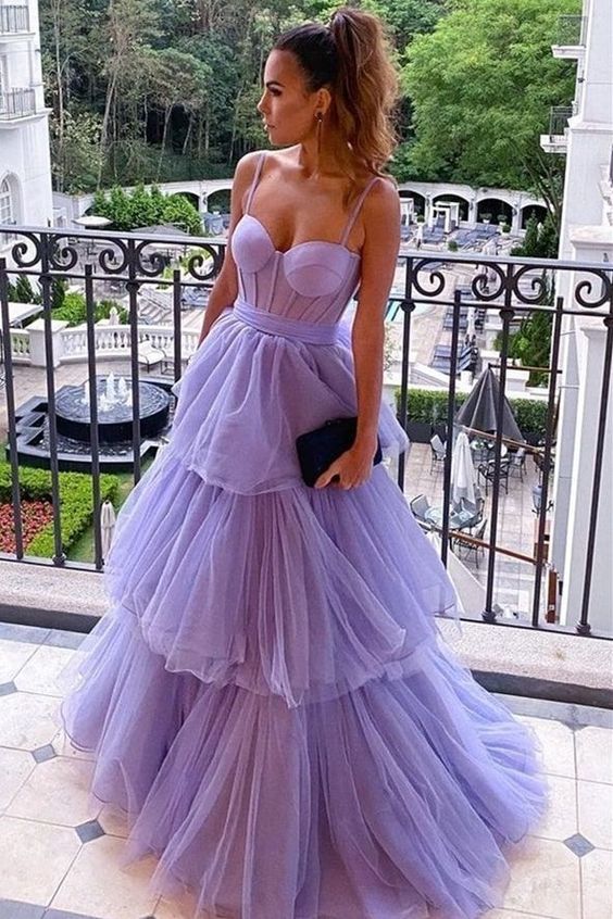 Lavender Bustier Tiered Long Prom Dress