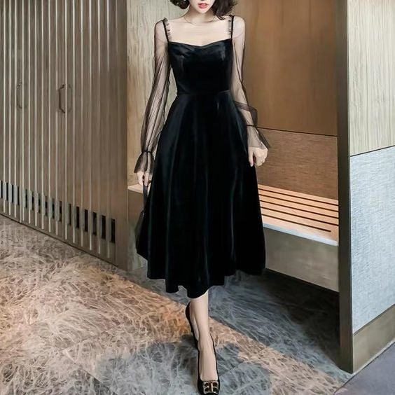 Black formal dress vintage velvet evening dress long sleeve party dress slimming prom dress simple party dress