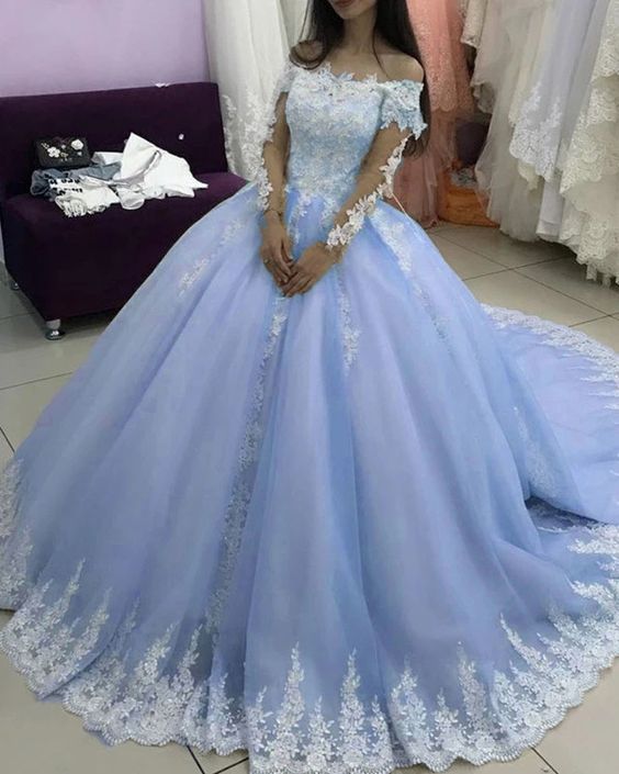 Off Shoulder Lace Appliques Long Sleeves Quinceanera Dresses , Ball Gown
