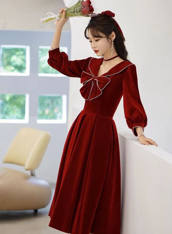 New style, autumn and winter long sleeve dress, party velvet evening dress, New Year prom dress,custom made