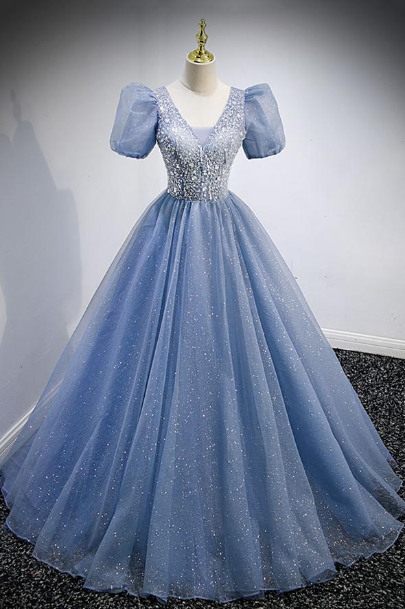 Blue v neck tulle beads long prom dress evening dress