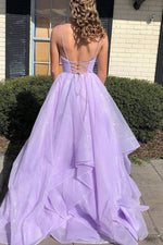 Sparkly Spaghetti Straps Lavender Tulle Long Prom Dress