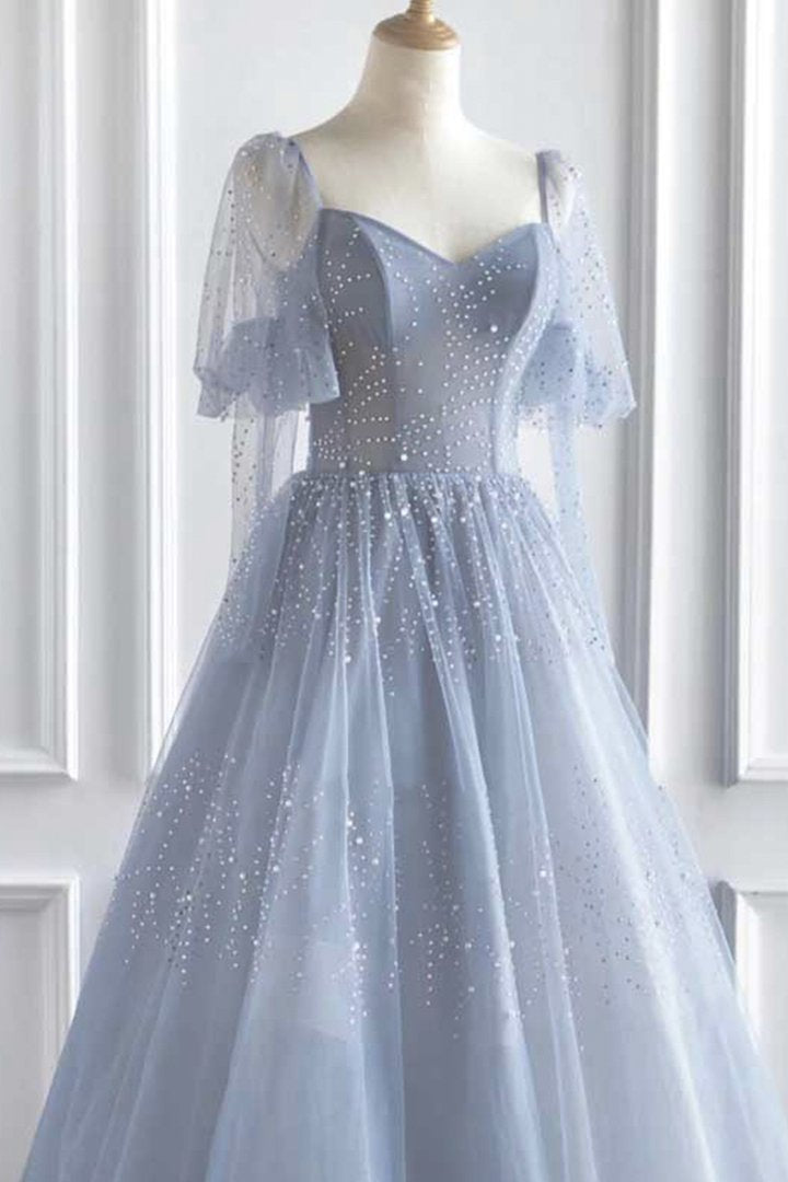 Blue tulle long ball gown dress A line formal dress