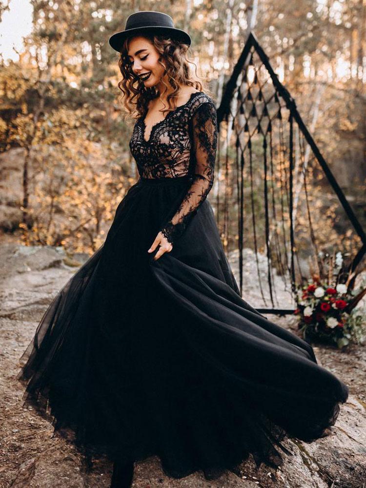Black Long Sleeves Lace Evening Dress Tulle Party Dress