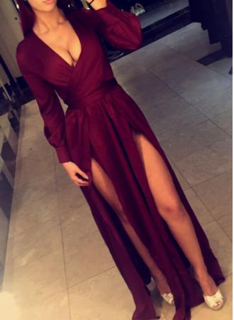 Dark Red Slit Long Sleeves Evening Dress, Pretty Formal Dress