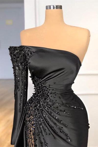 Glamorous Black Long Sleeve One Shoulder Prom Dress Beadings Evening Dress