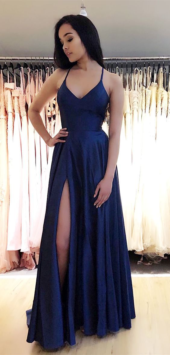 Sexy Navy Prom Dress Slit , Evening Dress, Dance Dresses, Graduation School Party Gown