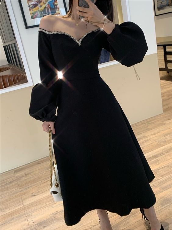 Vintage Black Ankle Length Prom Dress A-line Party Dress