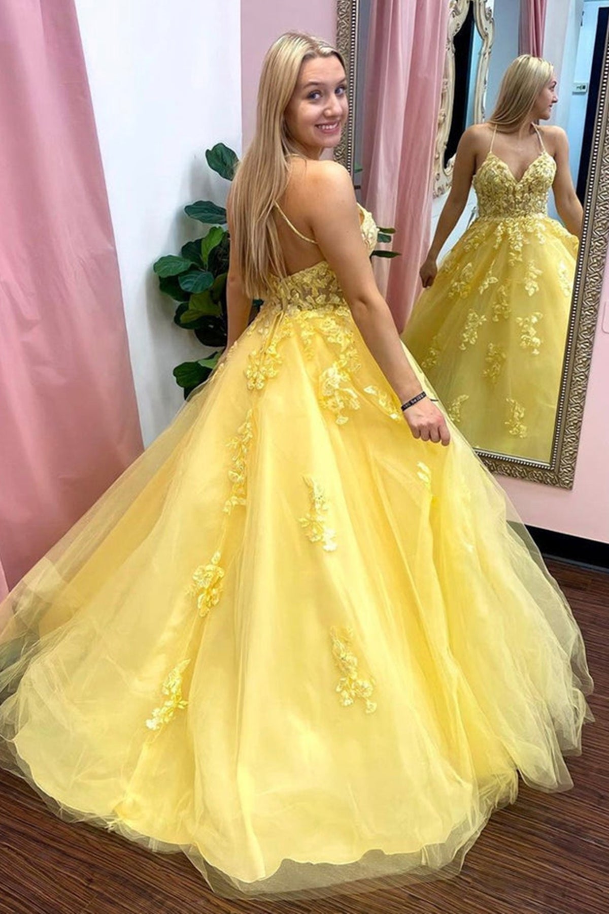 V Neck Open Back Yellow Tulle Lace Long Prom Dresses, Yellow Lace Formal Dresses, Yellow Evening Dresses