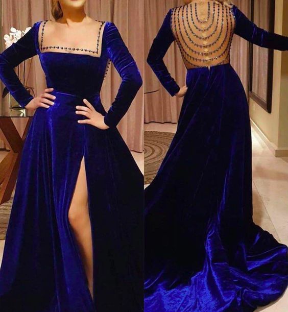 Royal blue prom dresses square neckline beading crystal rhinestone velvet side slit evening dresses