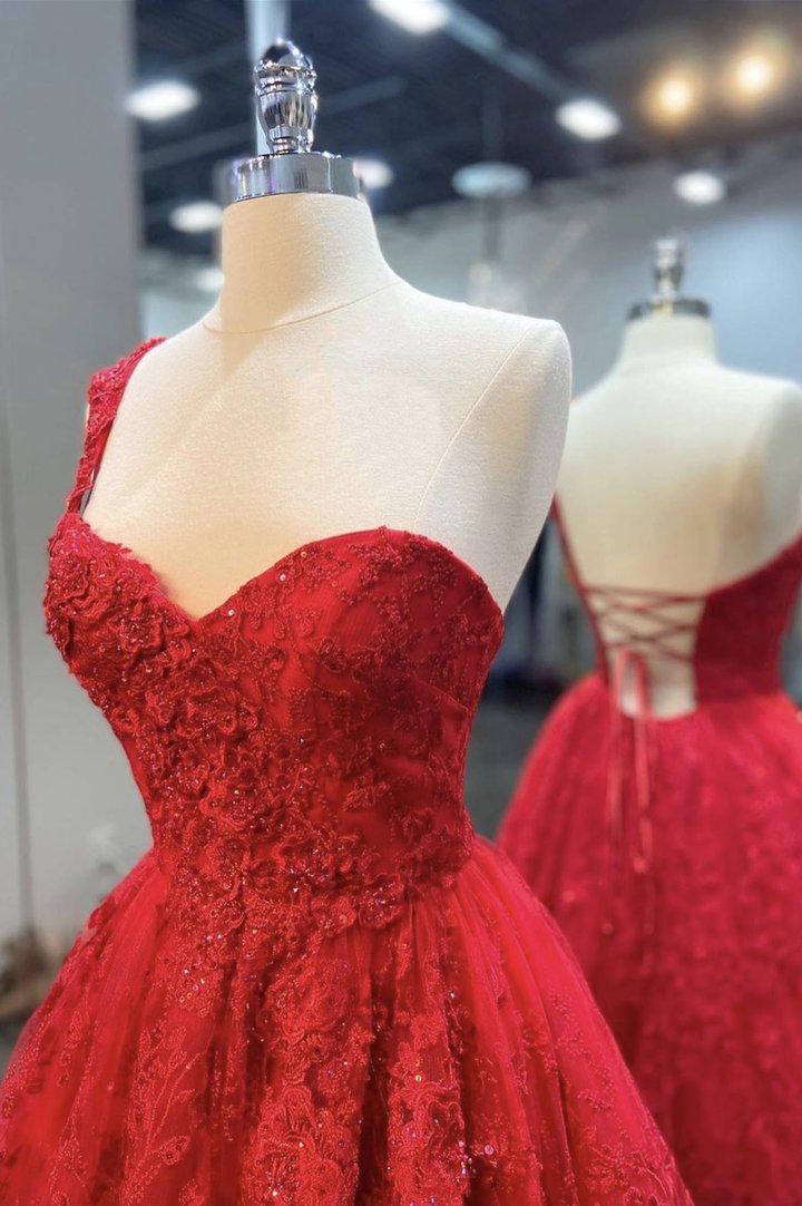 Red tulle lace long prom dress red evening dress