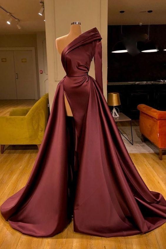 One Shoulder Pleated Evening Dresses with High Leg Slit