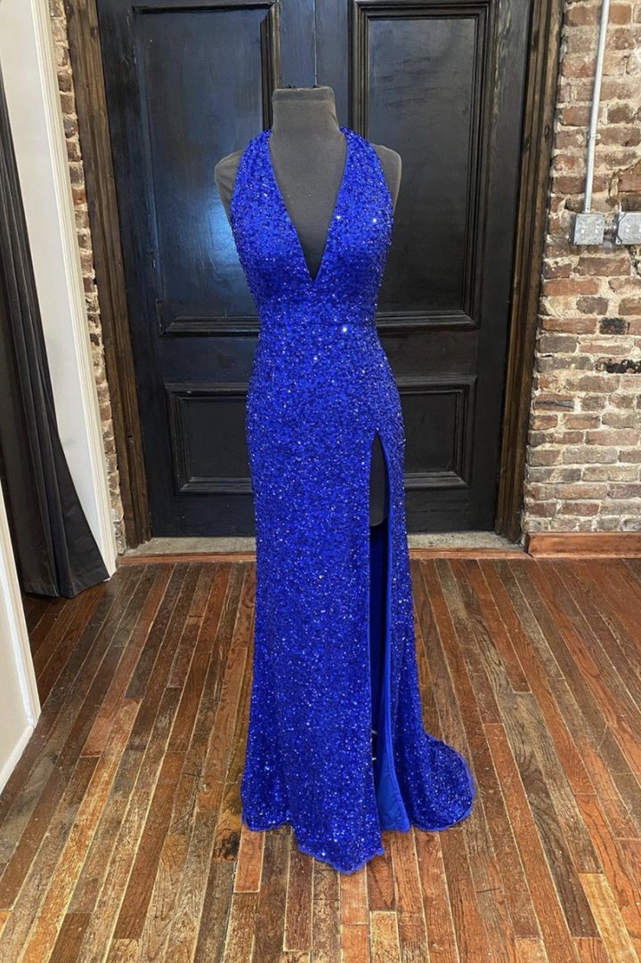 Blue sequins long prom dress mermaid evening dress
