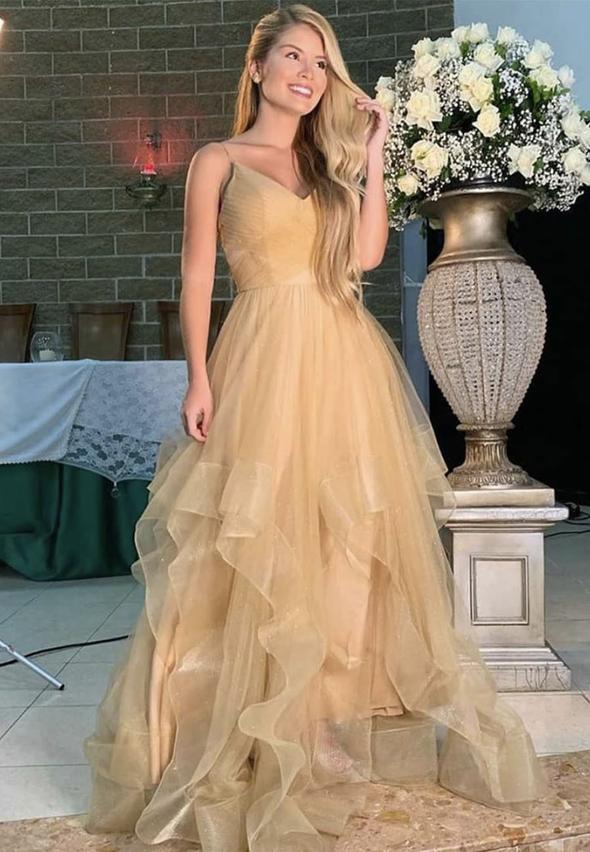 Gold v neck tulle long prom dress evening dress